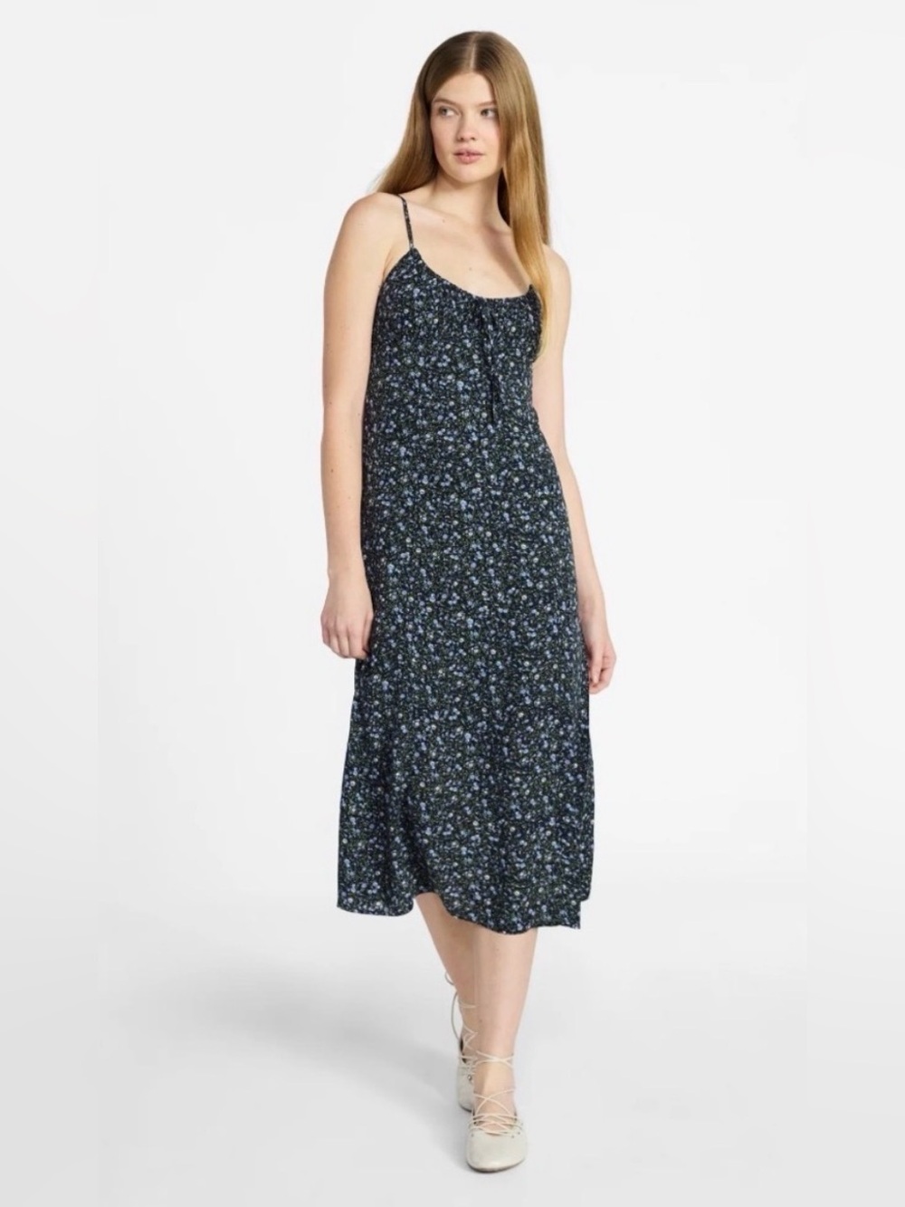Y2K Sleeveless Navy Floral Midi Dress with Spaghetti Straps